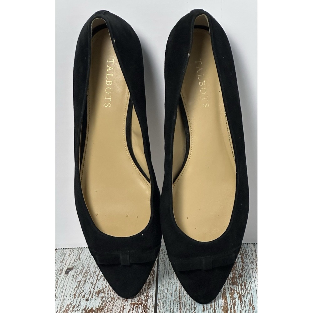 Talbots Edison Cap Toe Flats 9.5 M Black Suede Leather Bow Pointed Toe Shoes - Picture 13 of 16